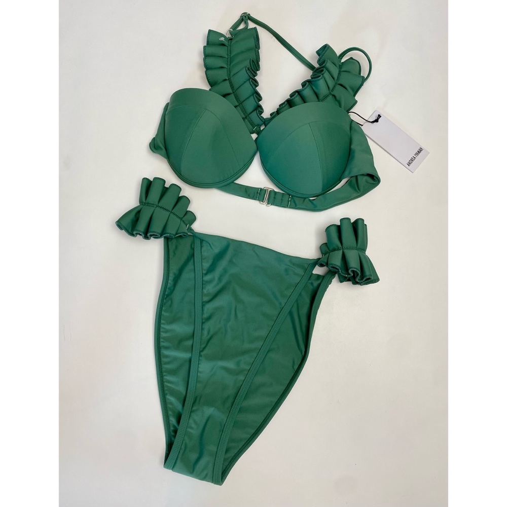 New Andrea Iyamah M L New RARE HTF Green Ruffled High Cut Mulan Bikini Swimsuit - Picture 2 of 16